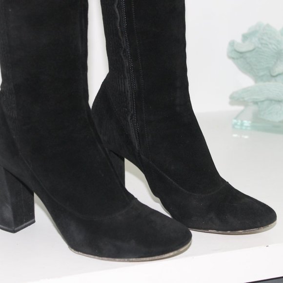 Chloe Black Suede Leather Pleated Accent Knee High Heeled Boots  size 36.5 - Picture 2 of 7